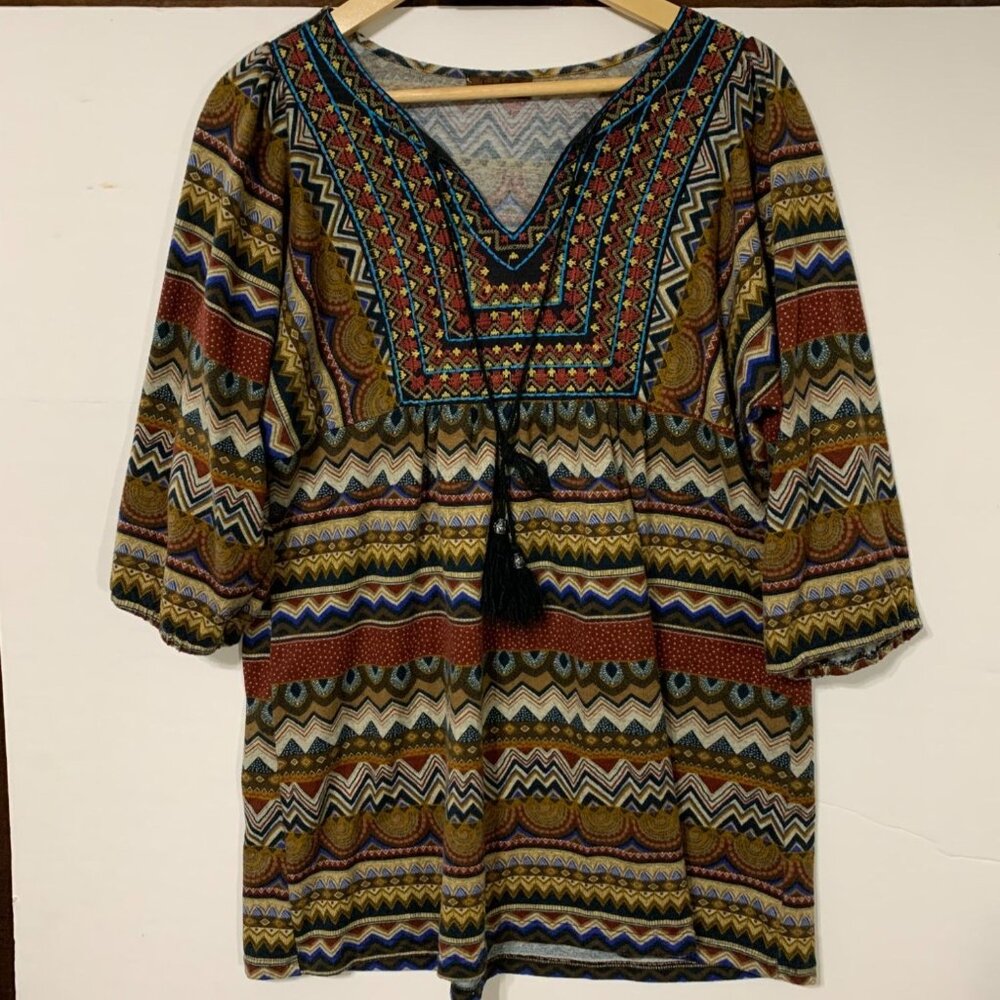 Treska Womens One‎ Size V-neck Embroidered Tassels Boho Dress Top 90s Vintage